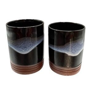 Miyagi Katsuomi Yachimun Ryukyu Ware Teacup‎ Set Of Two Unboxed Black With Blue